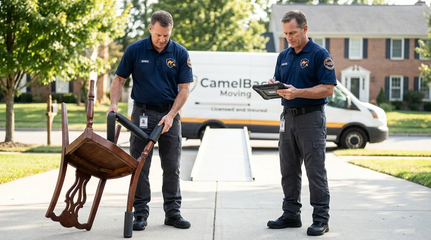 Movers inspecting furniture for damage prevention before loading in Canajoharie, NY