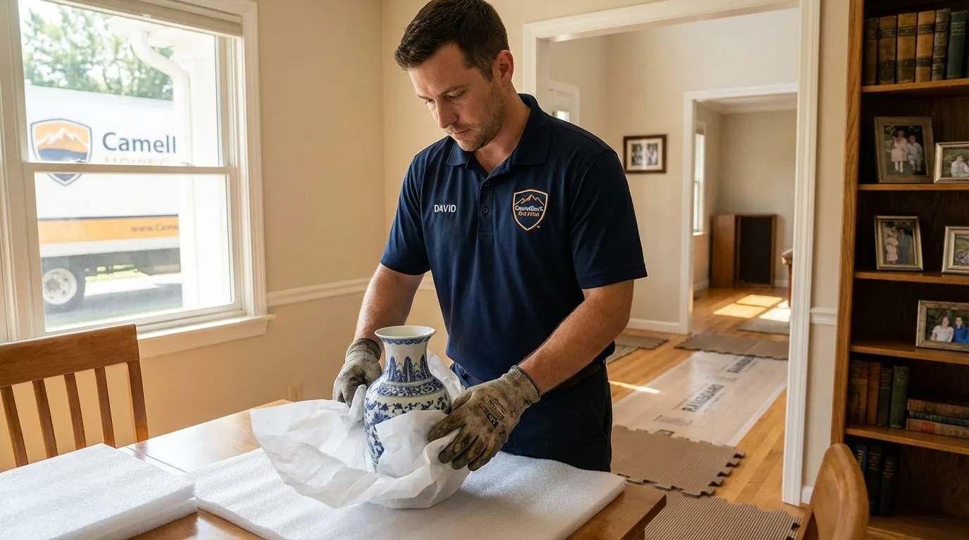 Professional crew carefully wrapping antique vase for senior downsizing move in Canajoharie, NY