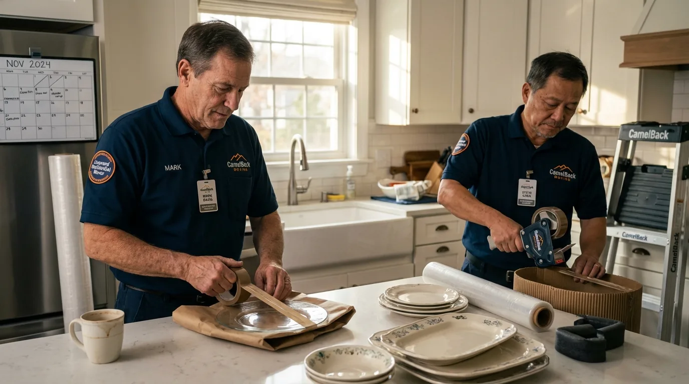 Professional crew packing kitchen dishware in Canajoharie, NY